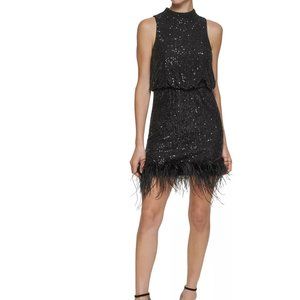 Eliza J Feather-Hem Sequin Dress Size 8, Black